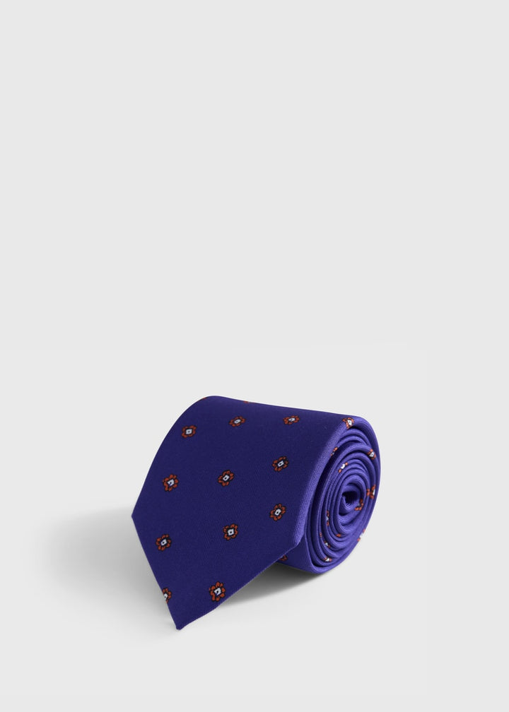 Floral Medallion Print Silk Tie - Royal Blue