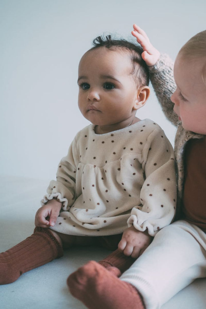 Polka Dot Velour Baby Dress - Stone