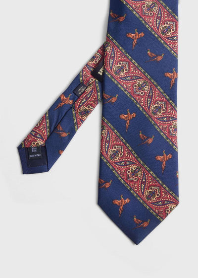 Deco Stripe and Bird Print Tie - Navy