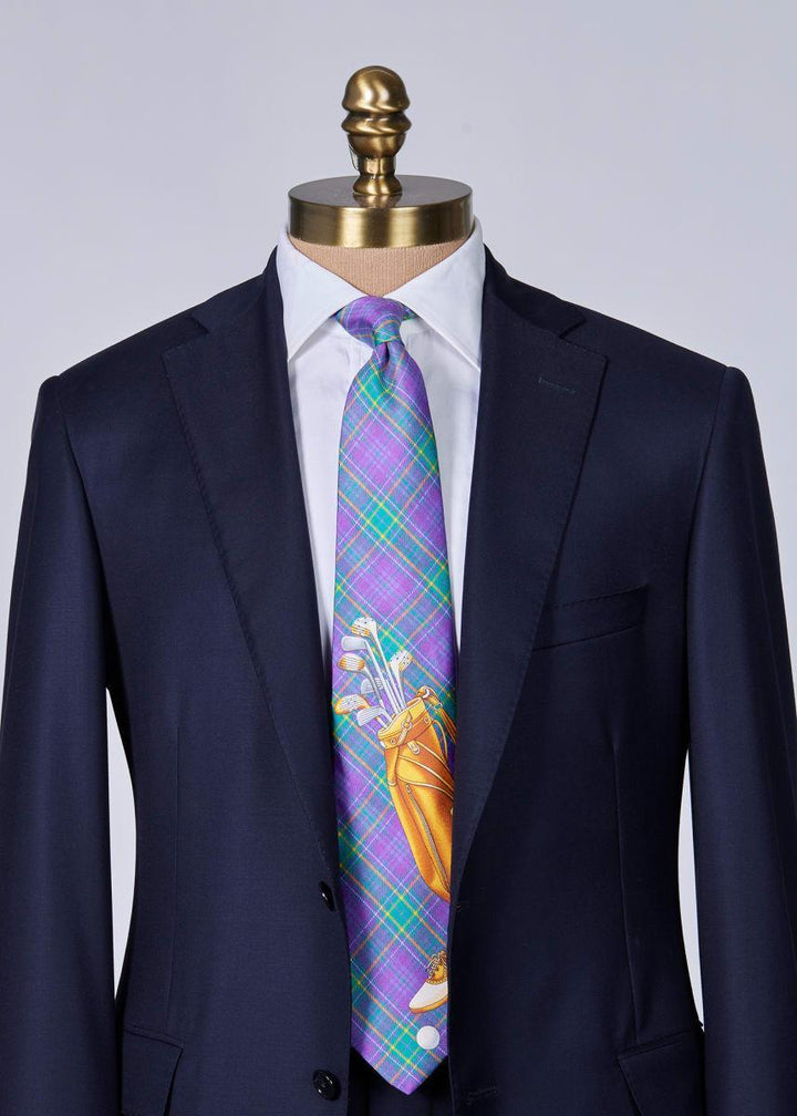 Plaid Golf Bag Print Silk Tie - Purple