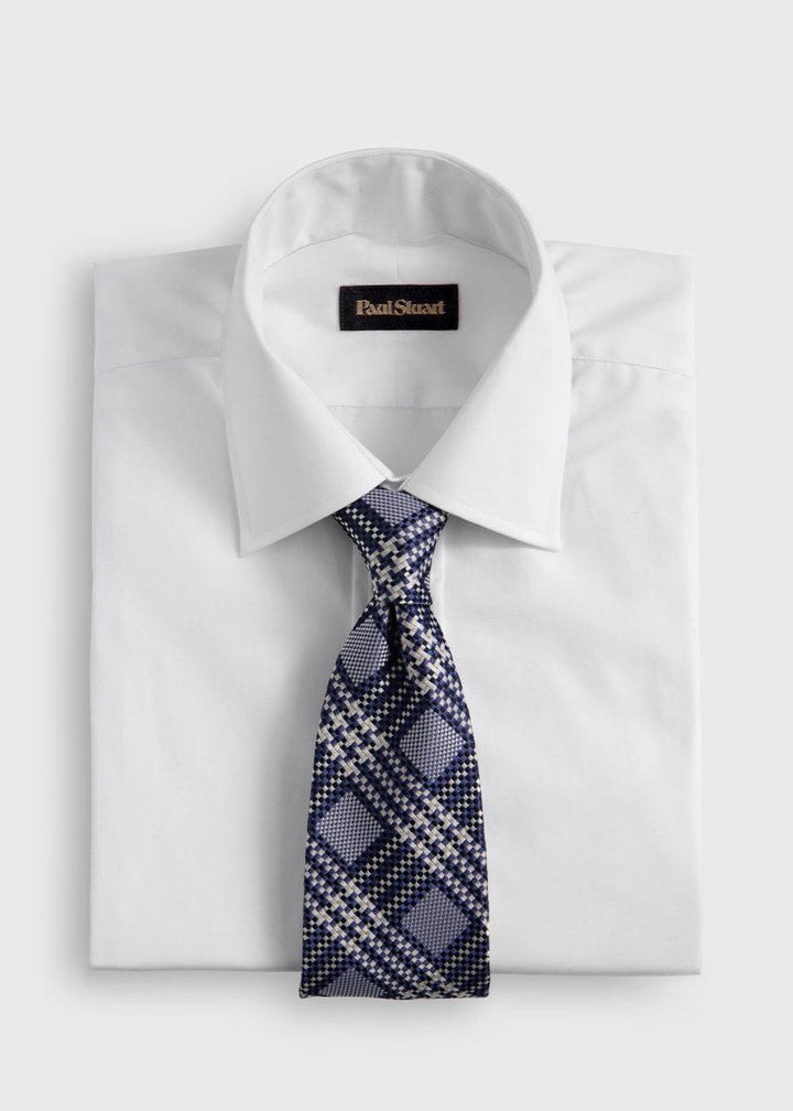 Woven Silk Optical Plaid Motif Tie - Navy