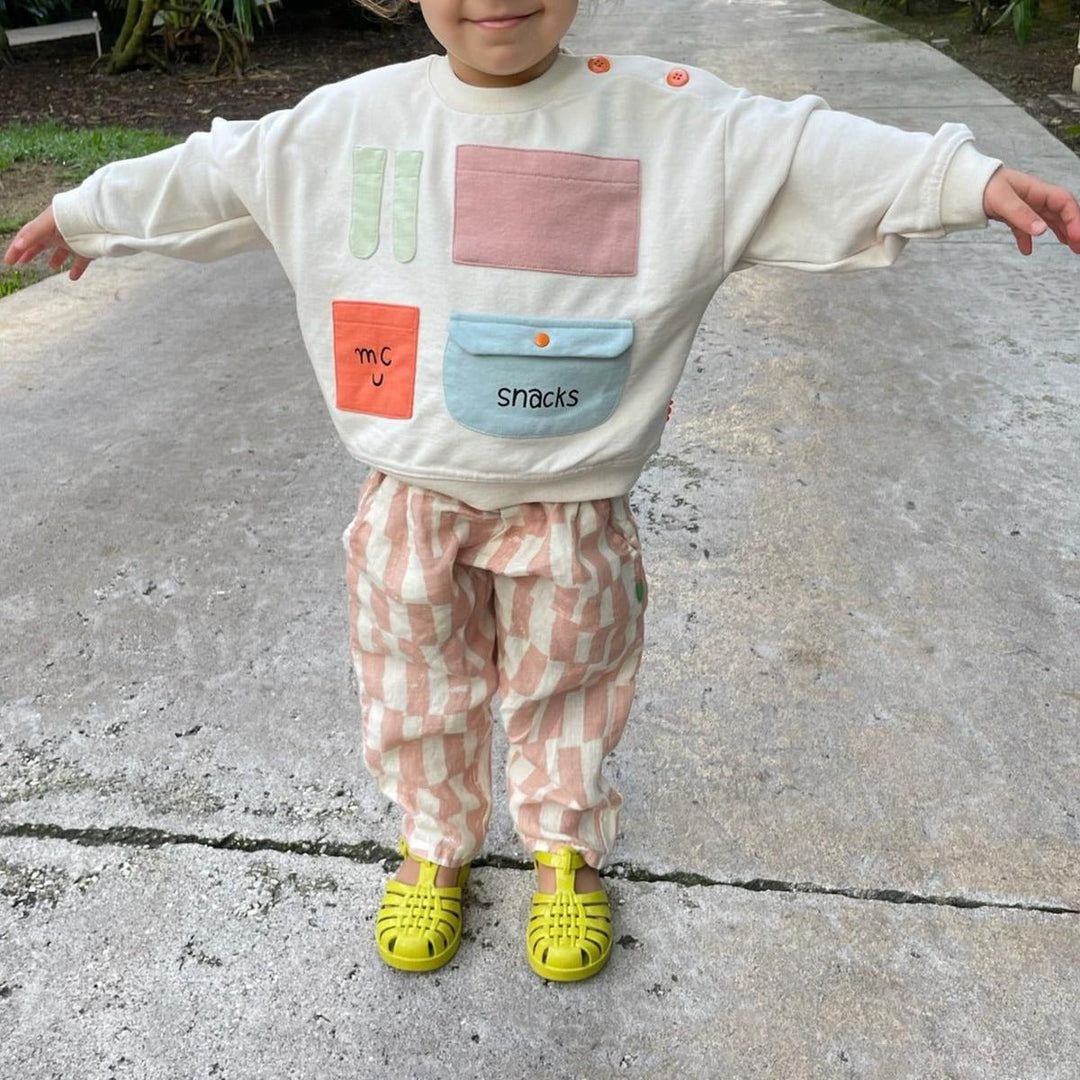 Checkered Linen Kid Pants - Natural/misty Rose