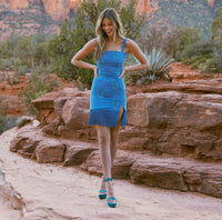 Brook Embroidered Mini Fringe Dress - Prussian Blue/Placed Floral Embroidery