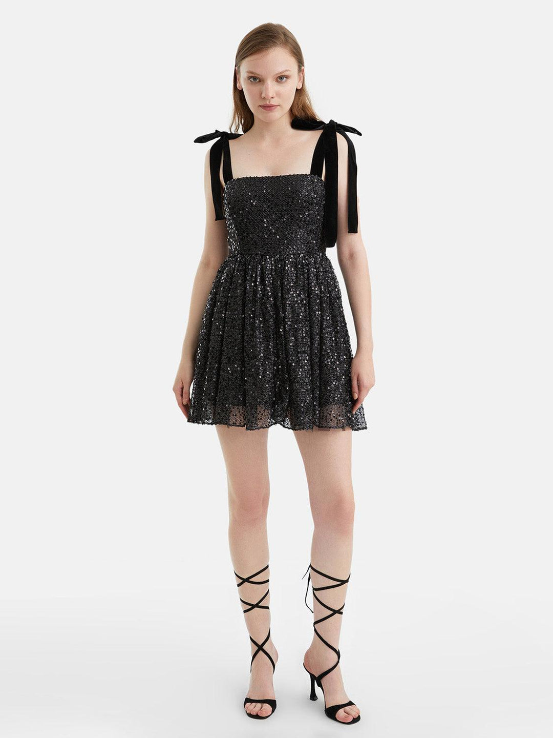 Sequined Flowy Mini Dress - Black
