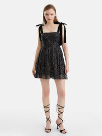 Sequined Flowy Mini Dress - Black