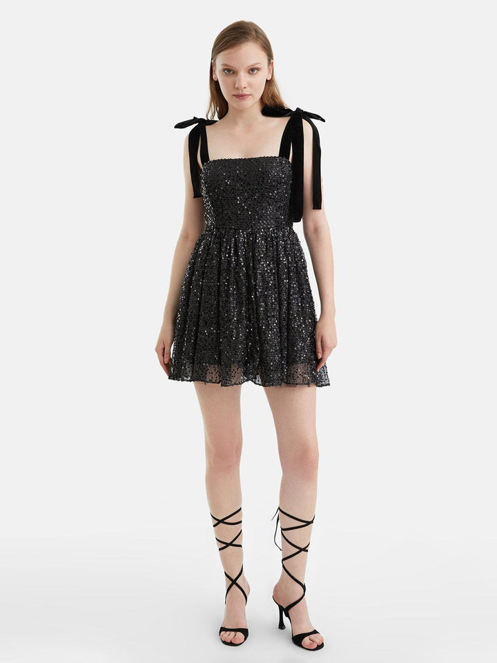 Sequined Flowy Mini Dress - Black