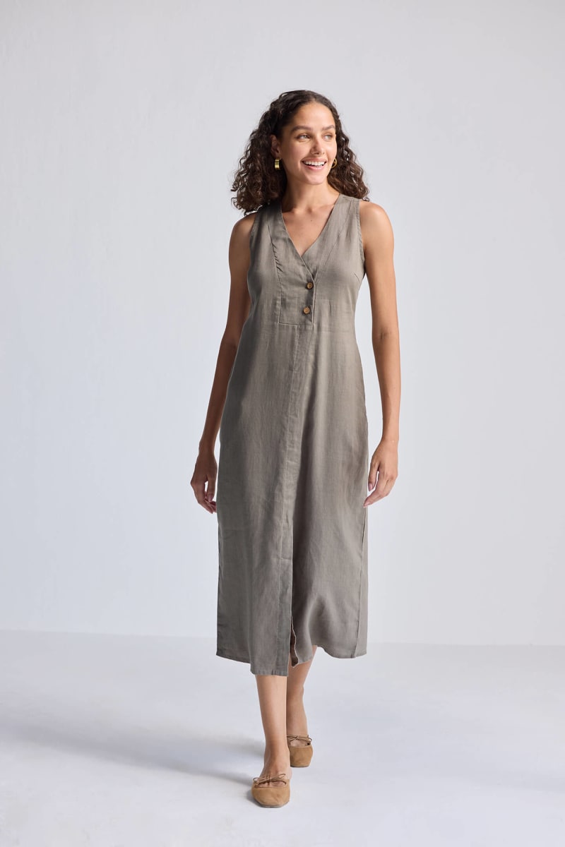 Straight Dress With Front Slit In Hemp - Dark Green