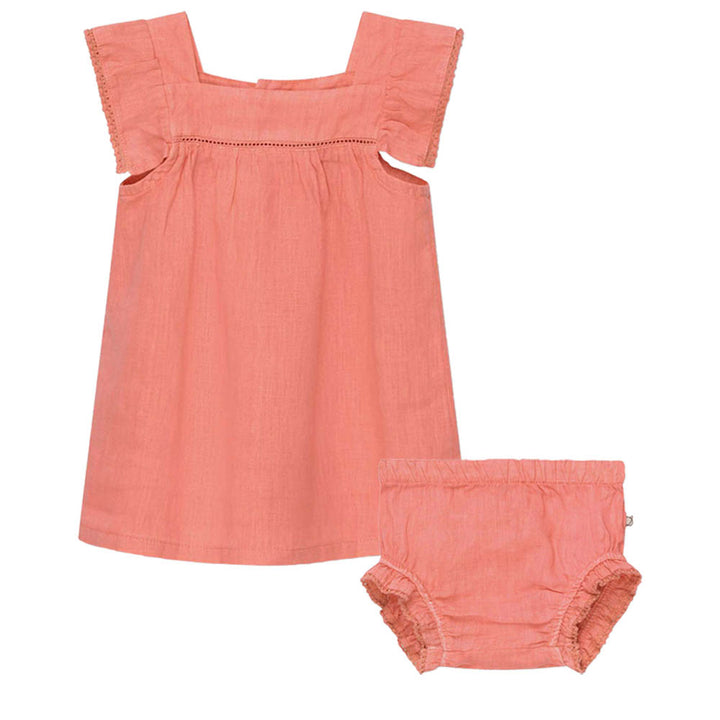 Linen Lace Baby Dress & Ruffle Bloomers - Coral