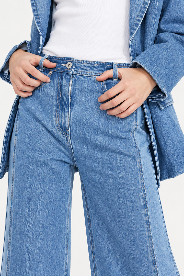 Two-Toned Wide Leg Denim With Slits - Medium Blue