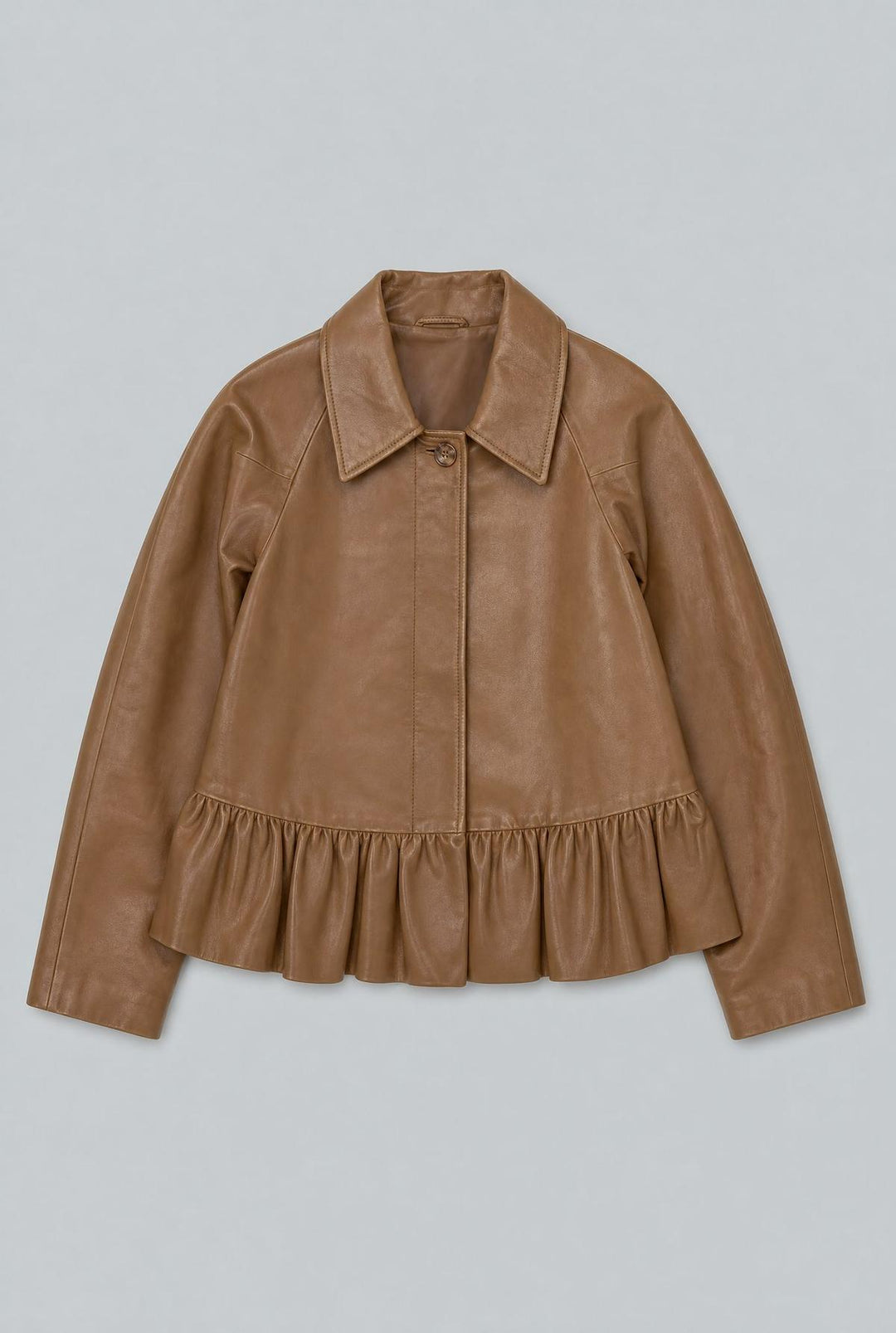 City Ruffled Leather Jacket - Brown