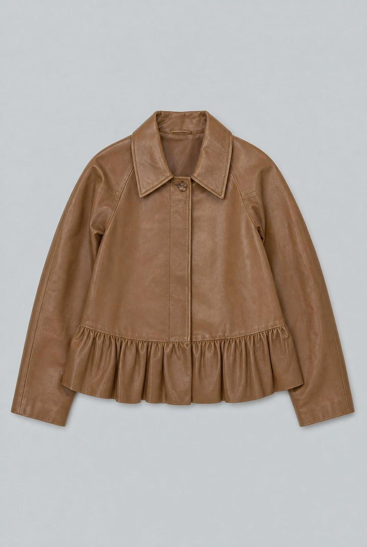 City Ruffled Leather Jacket - Brown
