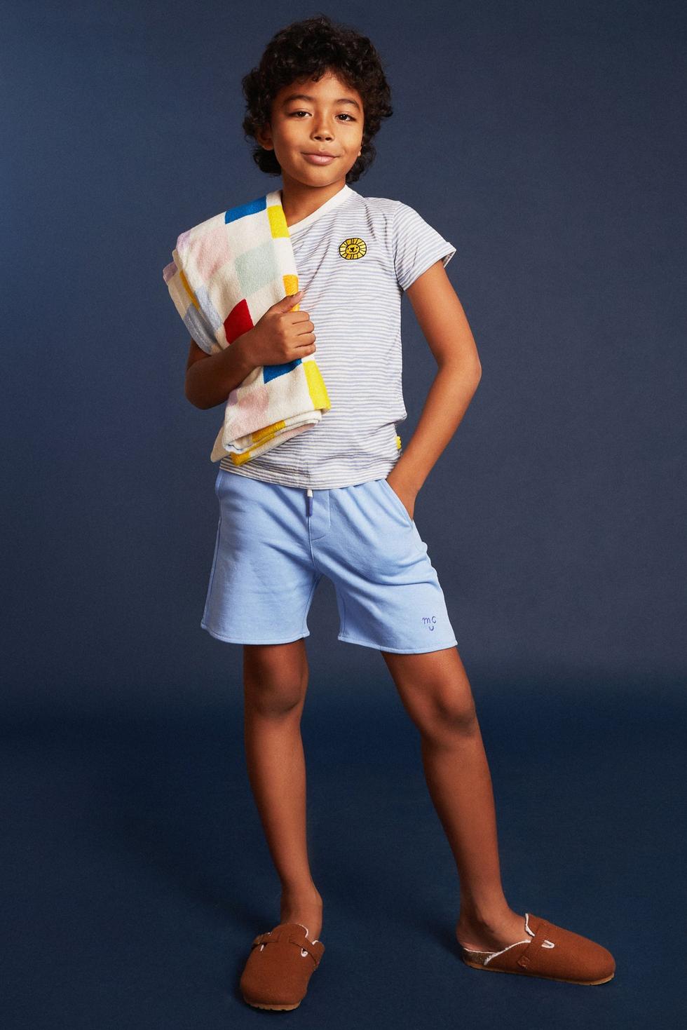 Recycled Cotton Stripes Kid T-shirt - Natural/della Blue