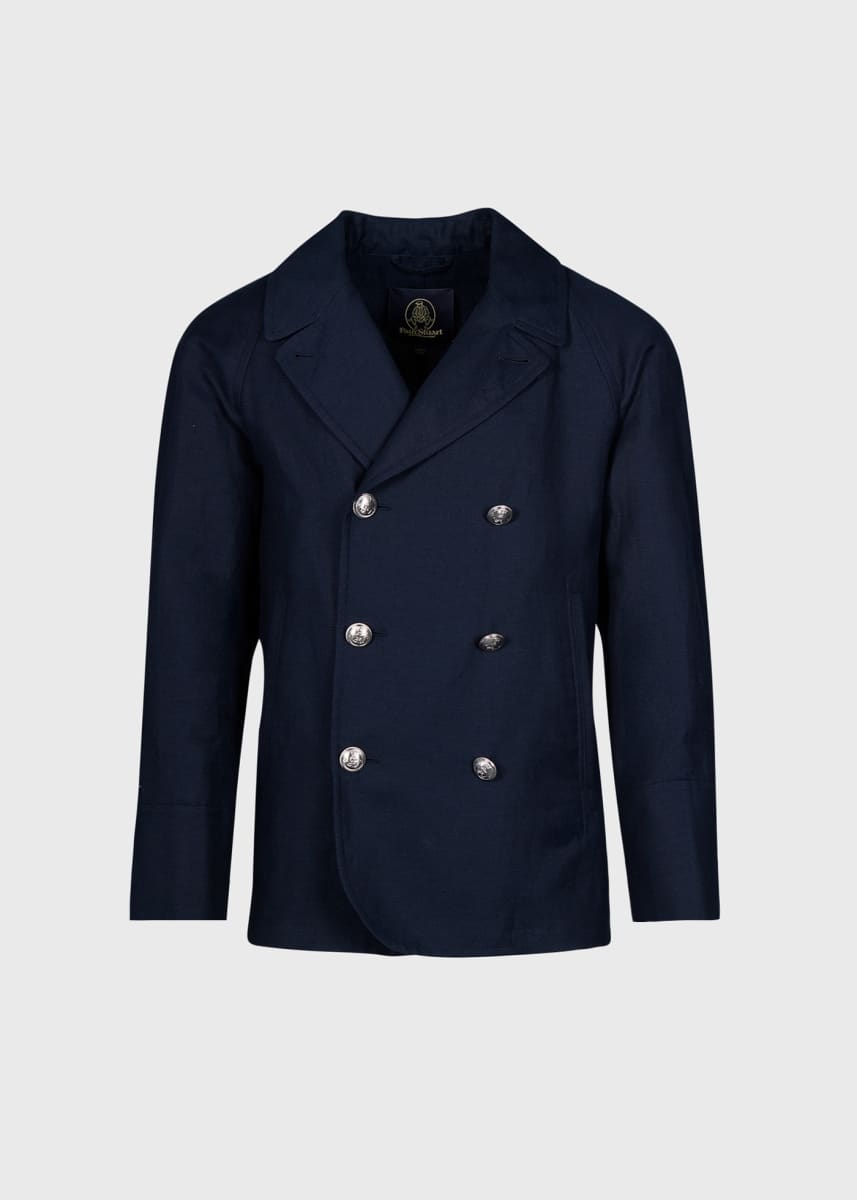 Double Breasted Linen & Cotton Peacoat - Navy