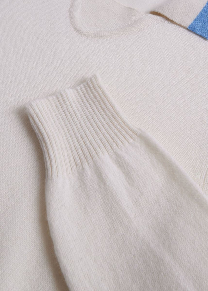 Open Collar Cashmere Sweater - White/Light Blue