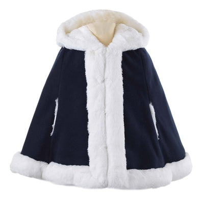 Faux Fur Trim Cape - Navy