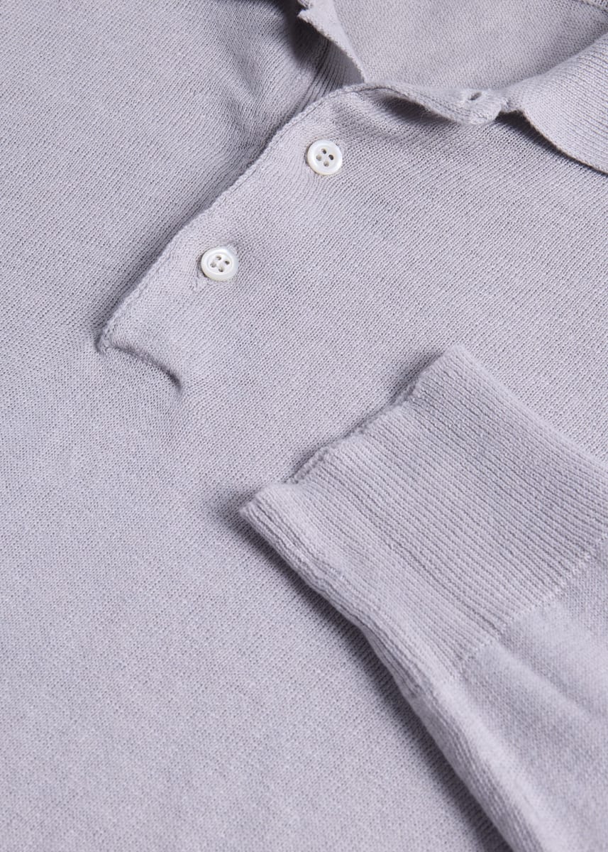Linen & Cotton Long Sleeve Polo - Light Silver