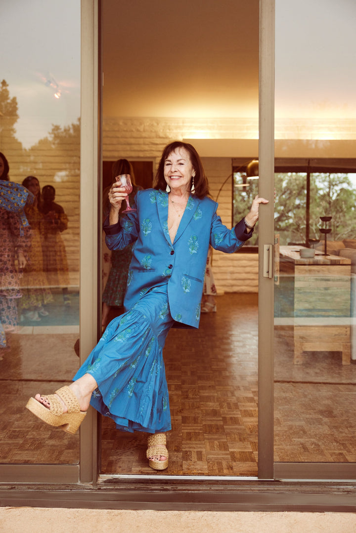 Brook Embroidered Fluted Skirt - Prussian Blue/Placed Floral Embroidery