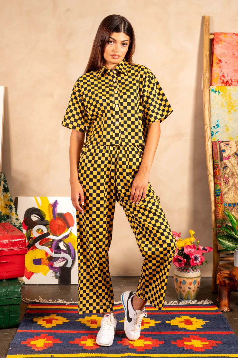 Hand Printed 'Seema' Pants - Black And Yellow Checkers
