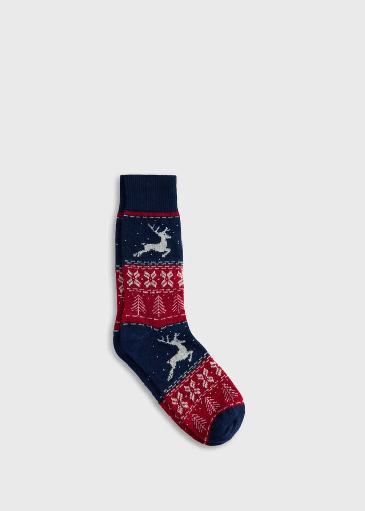 Crew Wool Blend Reindeer Sock - Navy/Red