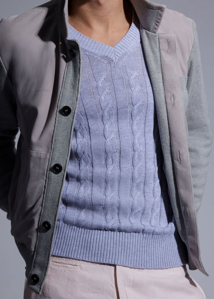 Cotton Cable V Neck Pullover - Silver