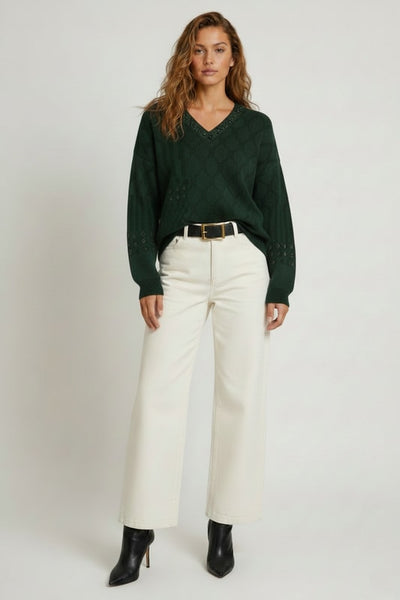 Cable Patchwork V Neck - Moss