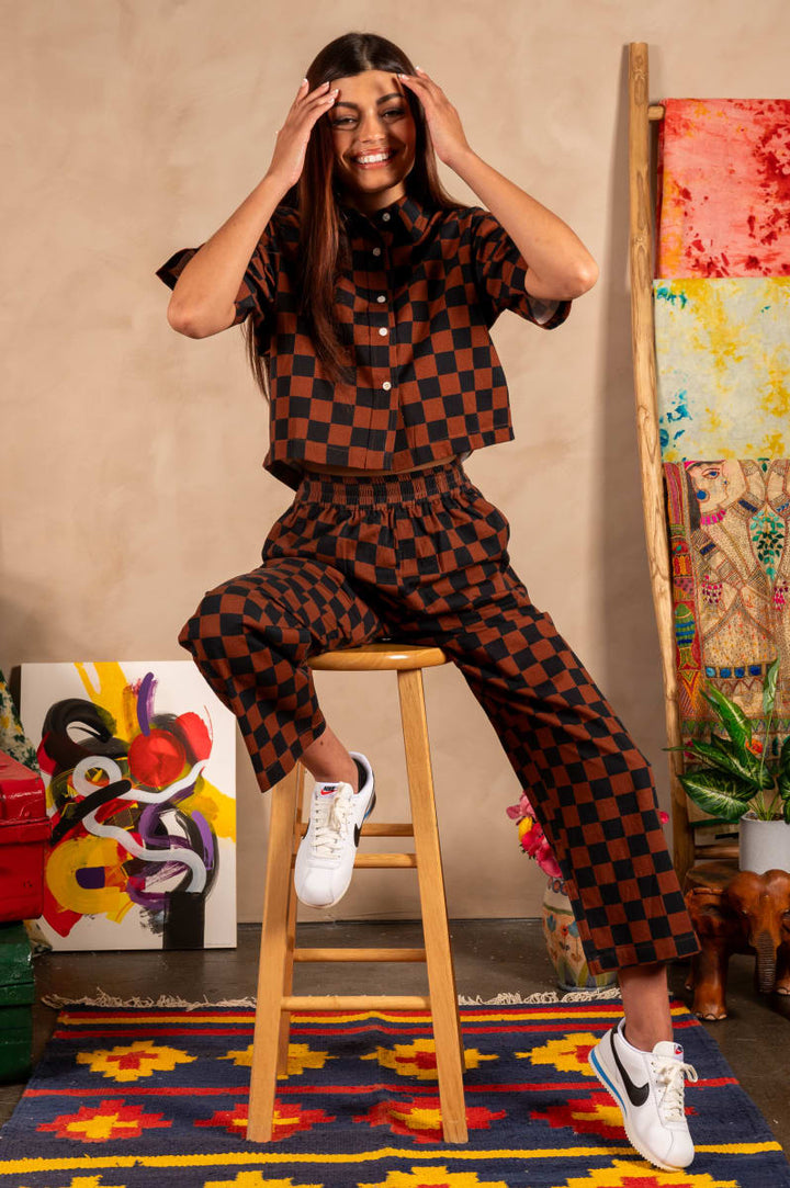 Hand Printed 'Seema' Pants - Chocolate And Black Chessboard