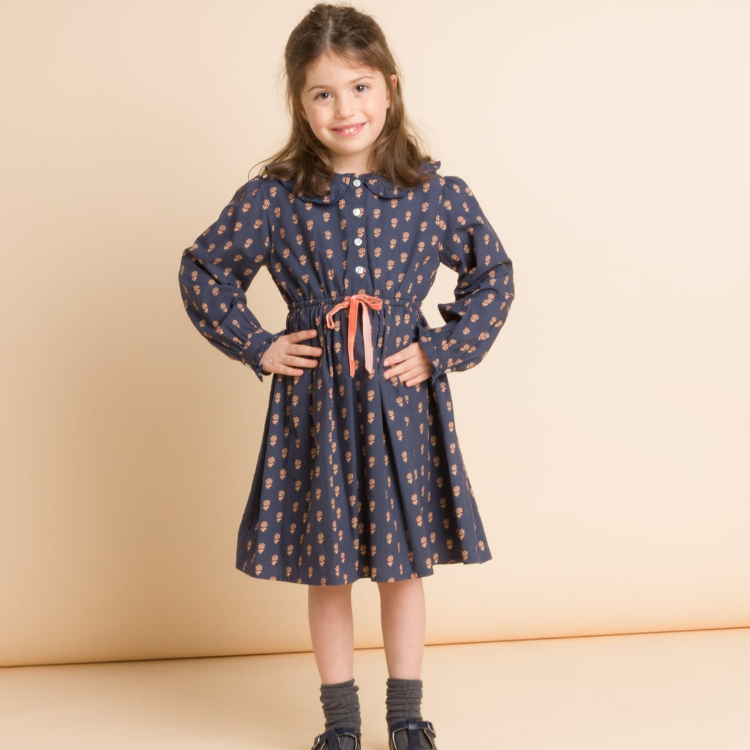 Girls' Long Sleeves Dress With Velvet Tie - Adelaide Orange Floral