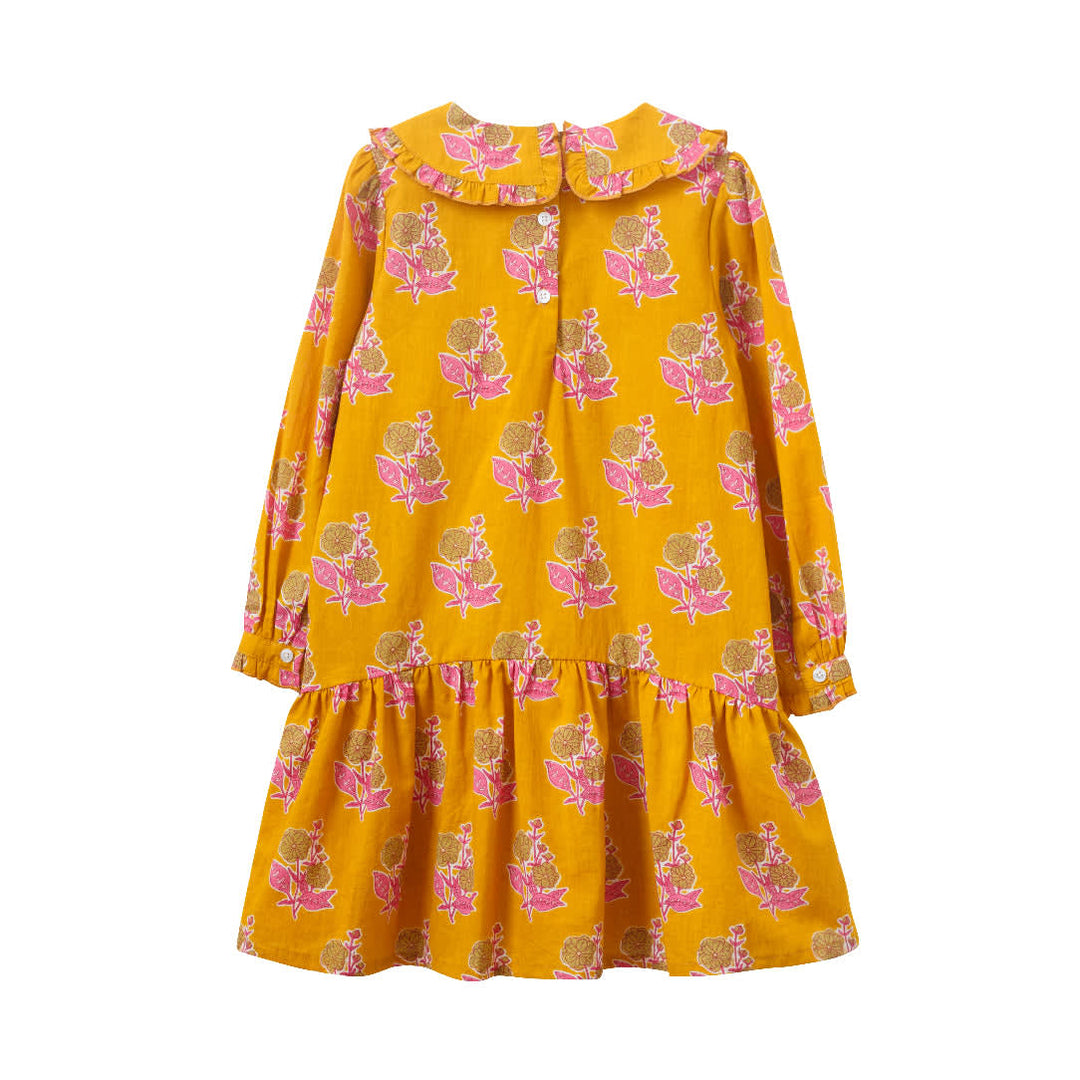 Girls' Wide Collar Long Sleeve Dress With Low Waist - Mustard And Pink