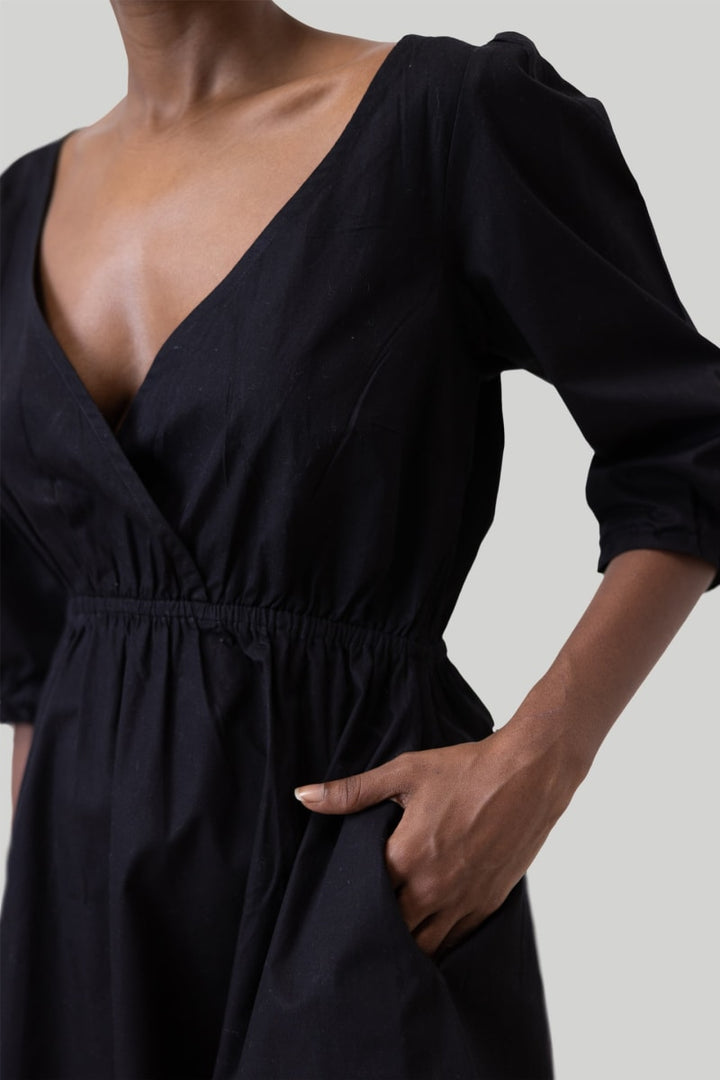 Gathered Elbow Sleeve Short Dress - Black