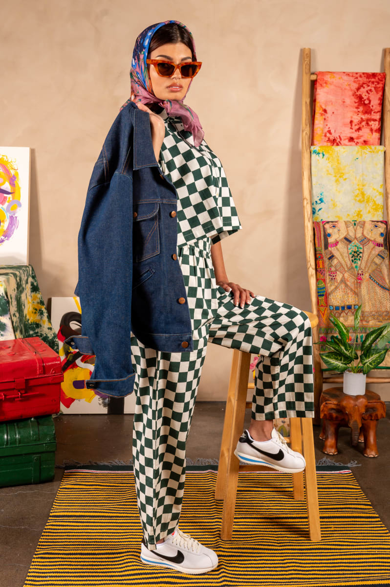 Hand Printed 'Seema' Pants - Green And White Chessboard