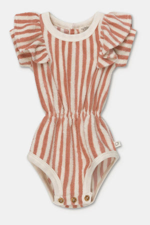 Toweling stripe baby romper - Coral