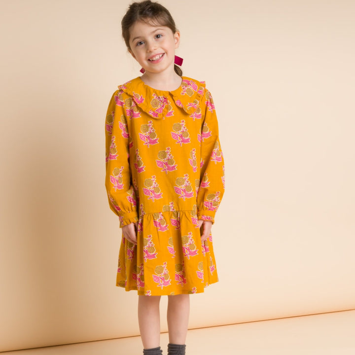 Girls' Wide Collar Long Sleeve Dress With Low Waist - Mustard And Pink