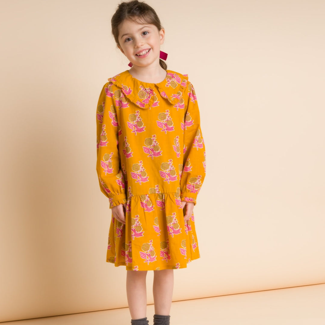 Girls' Wide Collar Long Sleeve Dress With Low Waist - Mustard And Pink