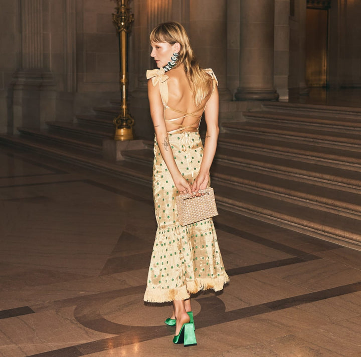 Desirae Embroidered Fringe Midi Dress - Gold with Mini geometric floral embroidery