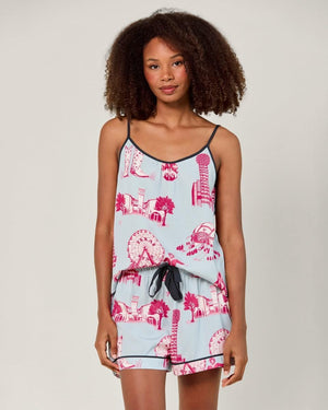 Dallas Toile Cami Shorts Set - Blue Pink