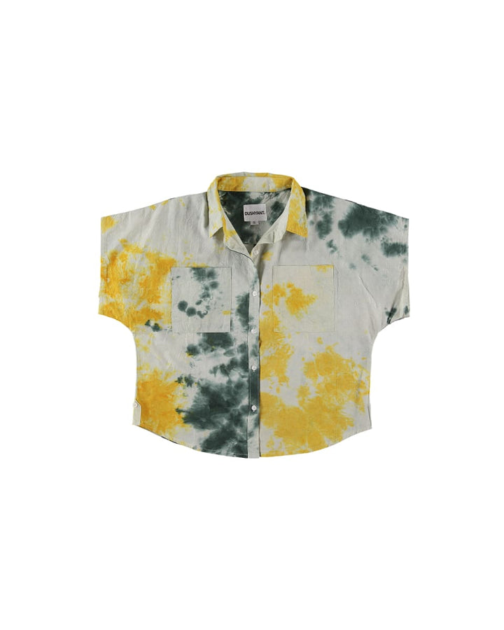 'The Tara' Hand Dyed Drop Sleeve Shirt - Green Yellow And White Tie Dye