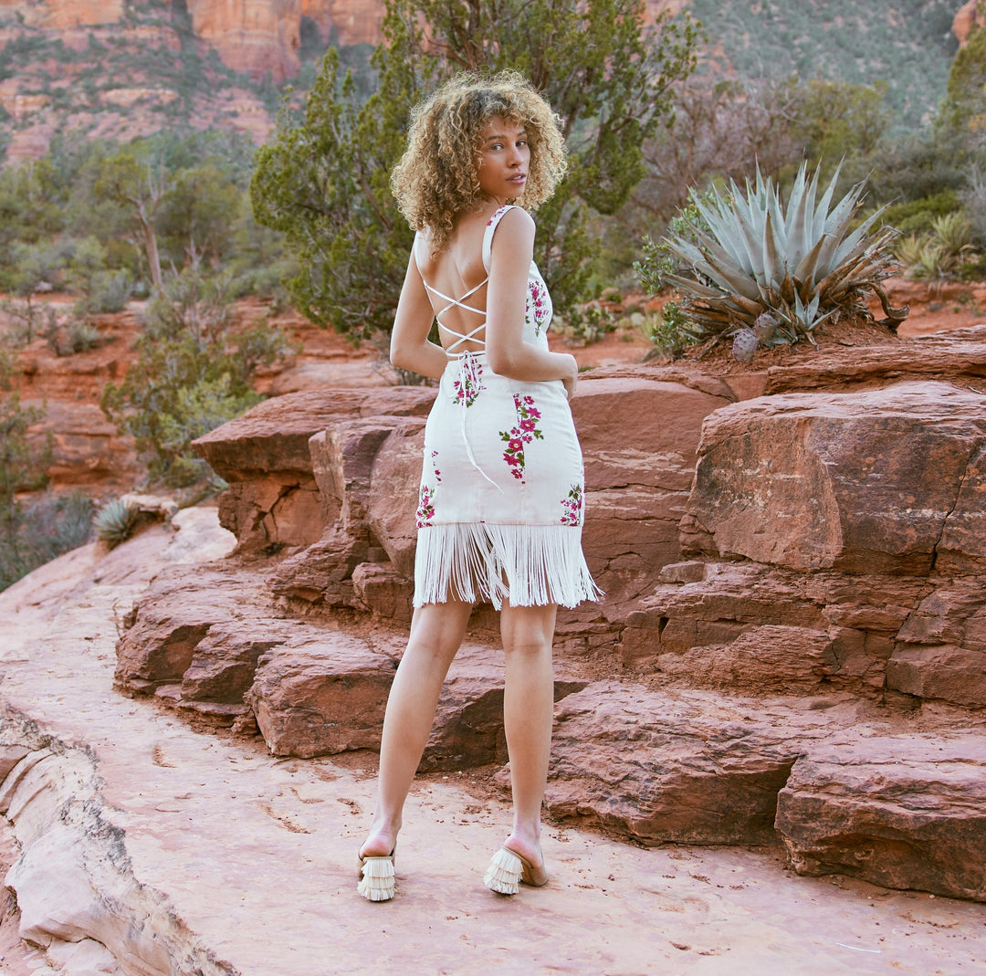 Amber Beaded Mini Fringe Dress - Oatmeal & Ruby floral beading