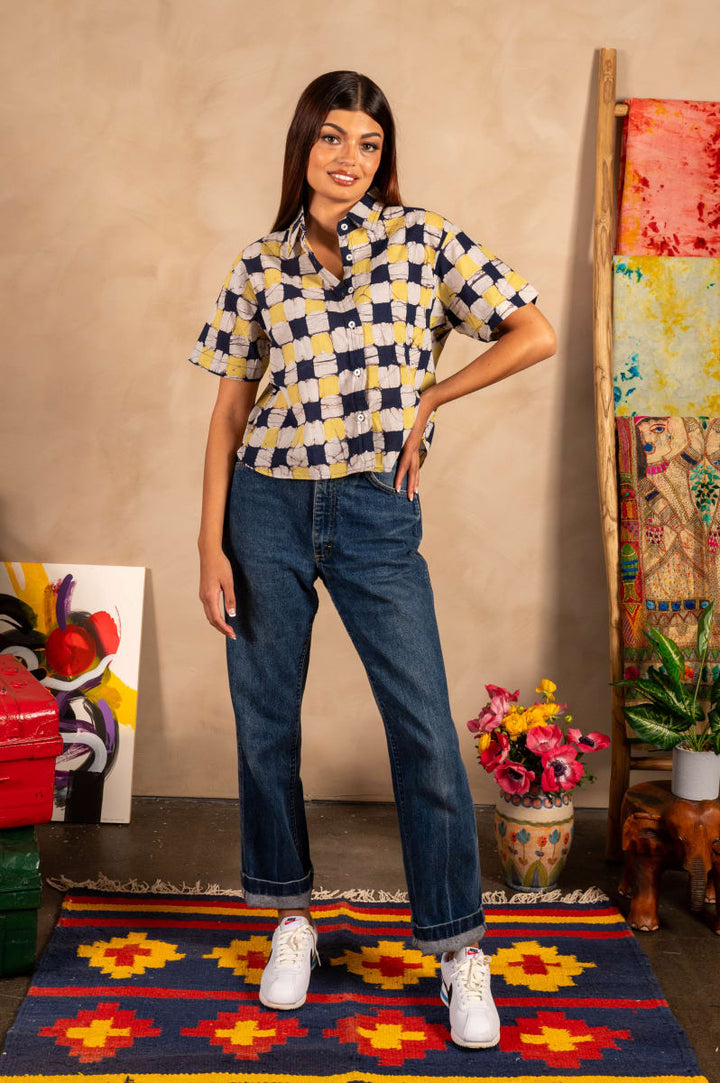 Hand Block Printed 'The Michelle' Shirt - Yellow And Black Chessboard Batik Print