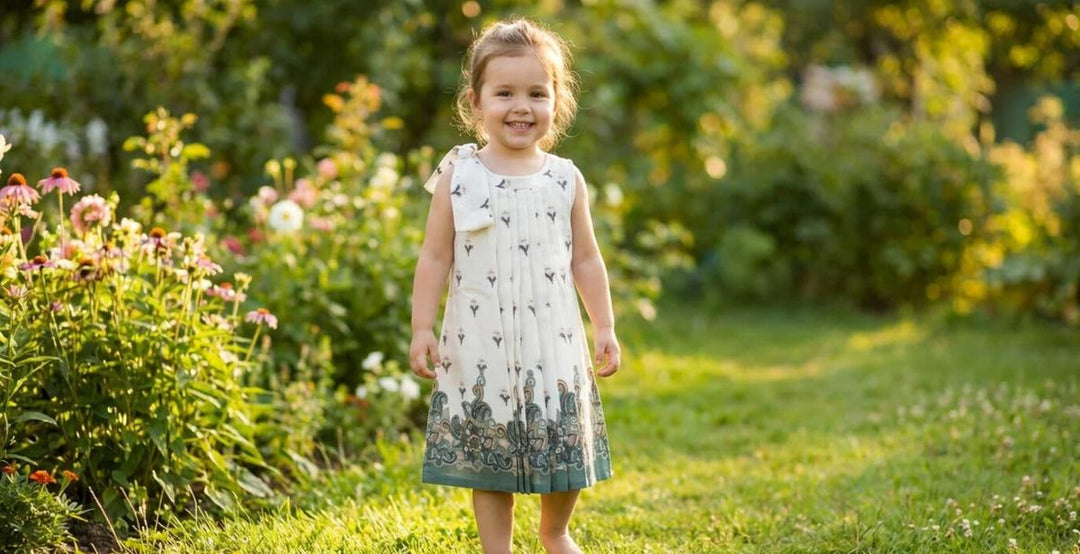 Cotton Woven Girls Dress - White Pattern