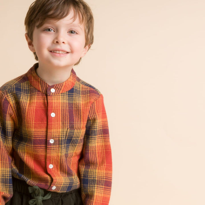 Boys Long Sleeve Flannel Check Shirt - Orange Plaid