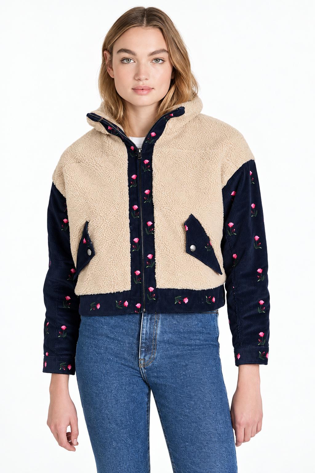 Teddy Corduroy Trucker Jacket - Cream/Navy