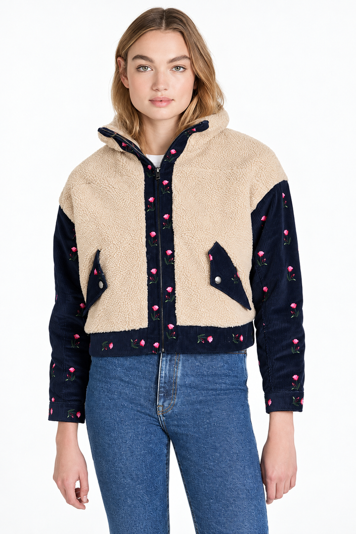 Teddy Corduroy Trucker Jacket - Cream/Navy