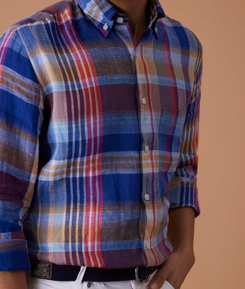 Linen Plaid Sport Shirt - Blue/Pink