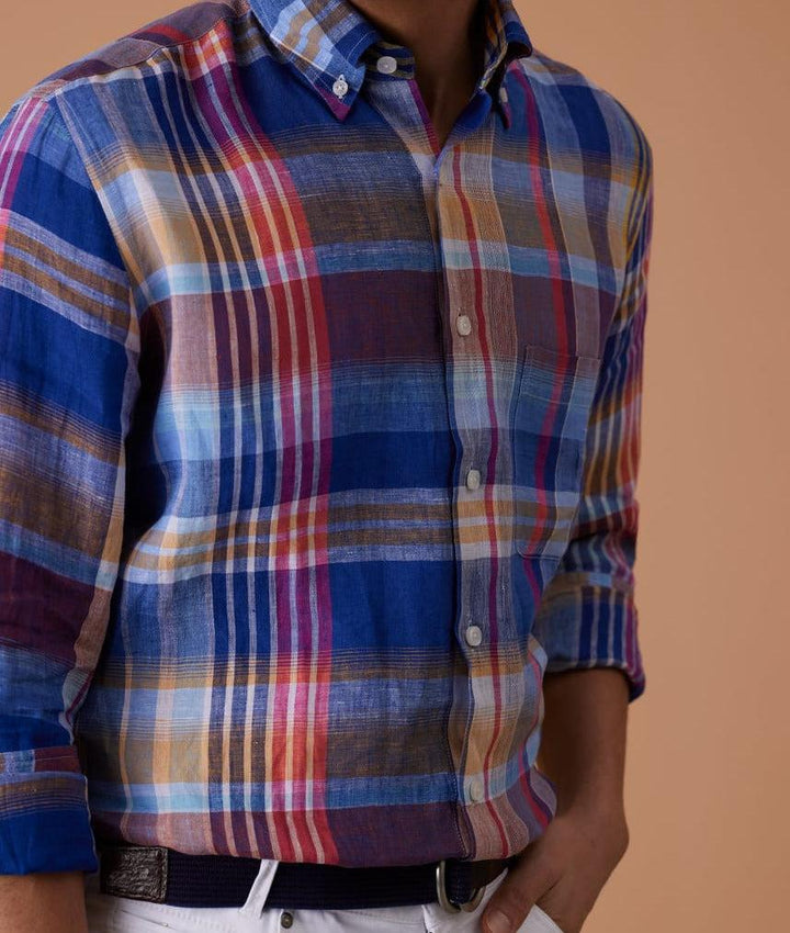 Linen Plaid Sport Shirt - Blue/Pink