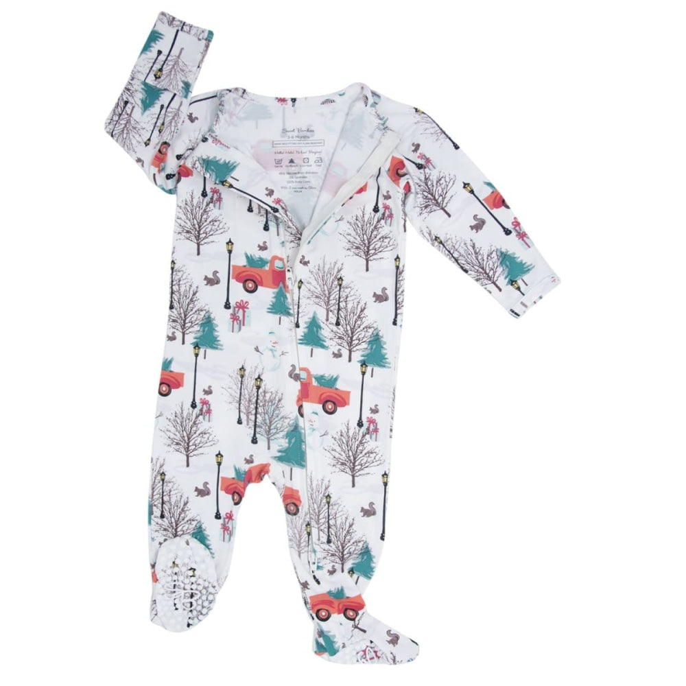 Zipper Footie Winter Scene Trucks and Trees - Winter Wonderland - Onesie