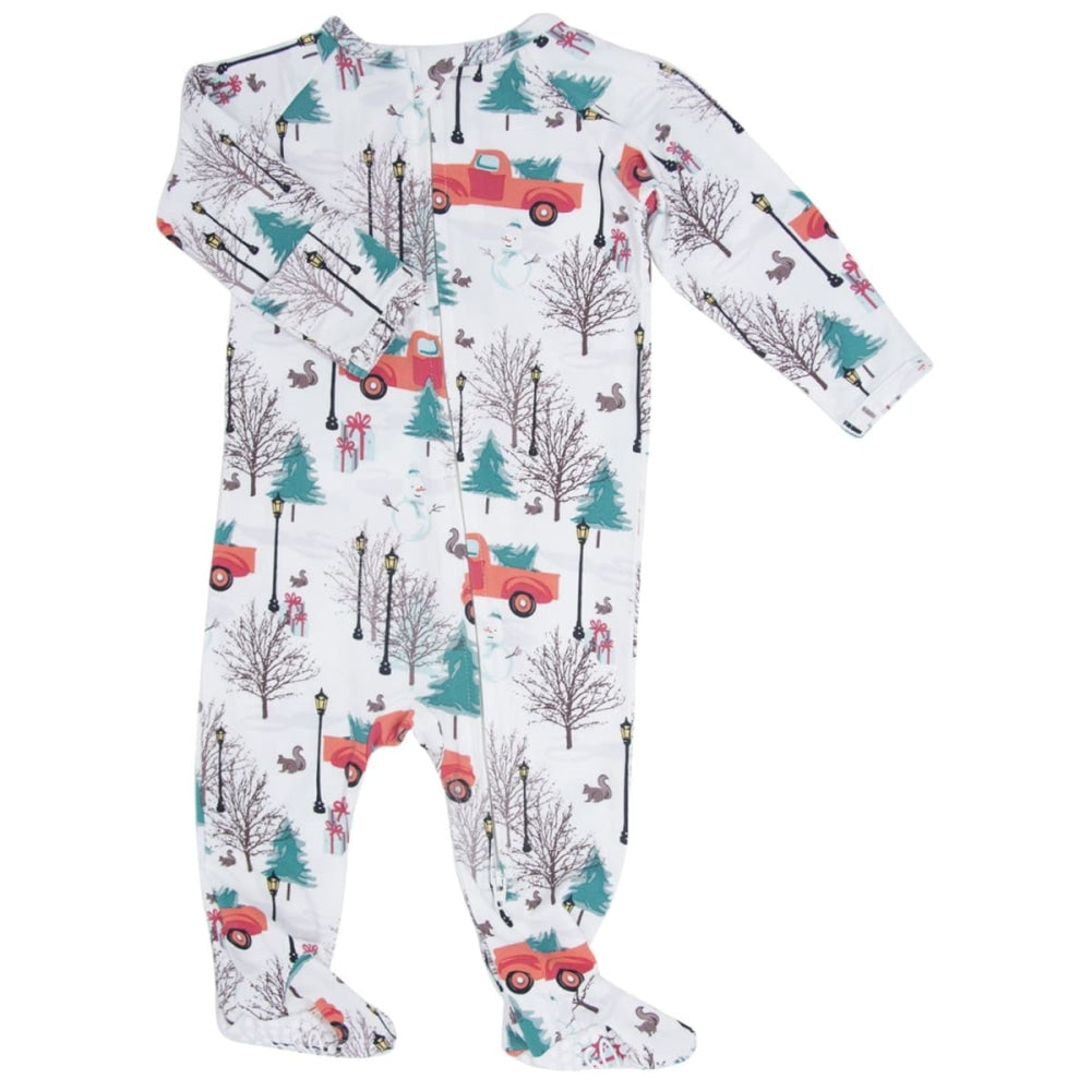 Zipper Footie Winter Scene Trucks and Trees - Winter Wonderland - Onesie