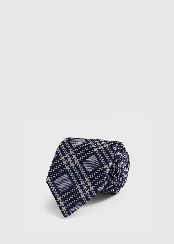 Woven Silk Optical Plaid Motif Tie - Navy