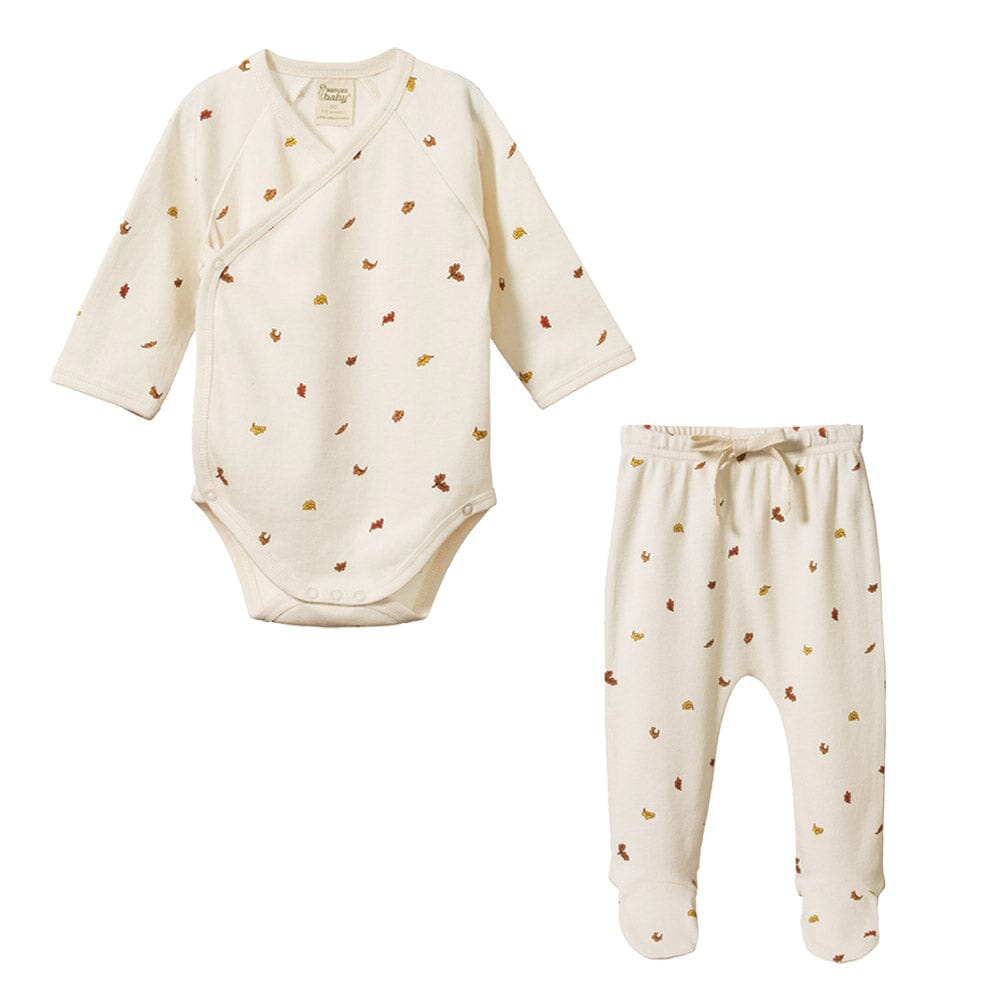 Long Sleeve Kimono Bodysuit & Footed Rompers - Leaf Print Sets Nature Baby 