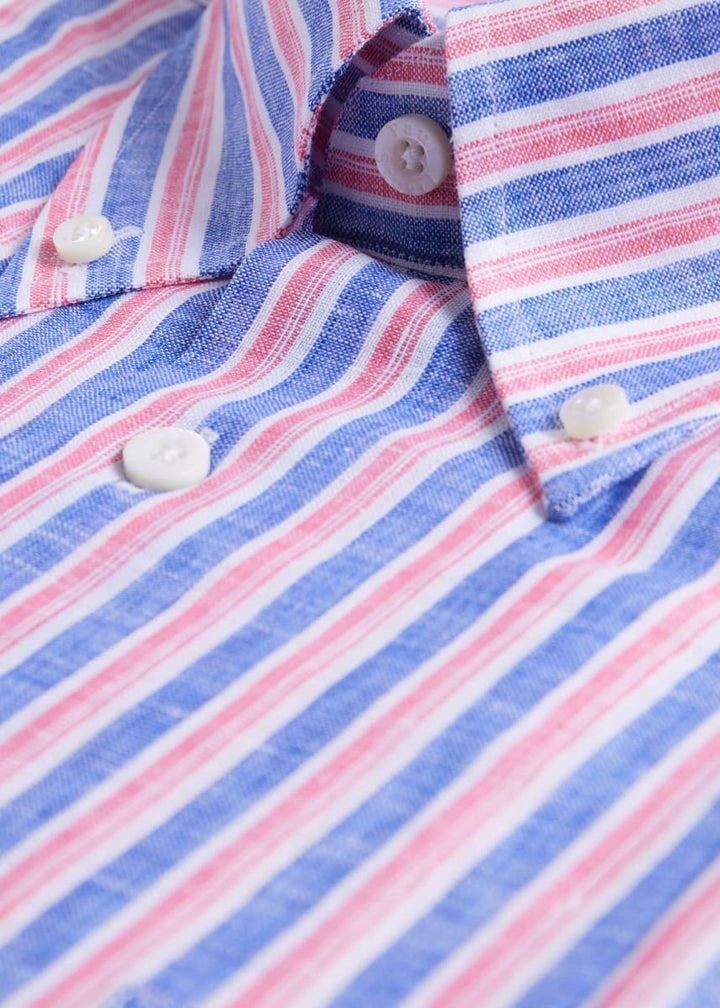 Linen Shadow Stripe Sport Shirt - Blue/Red