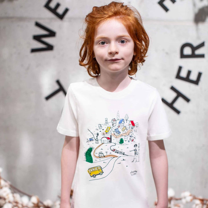 Infographics T-Shirt With Printed Village For Kids - White